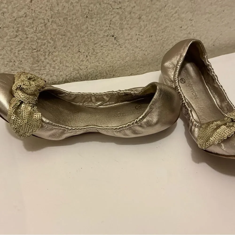 Louis Vuitton Metallic Gold Sequin Bow Ballet Flats size 37.5